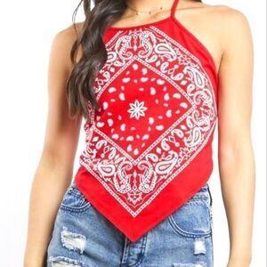 Fashion Magazine Vintage Y2K Red Bandana Tie Halter Crop Top